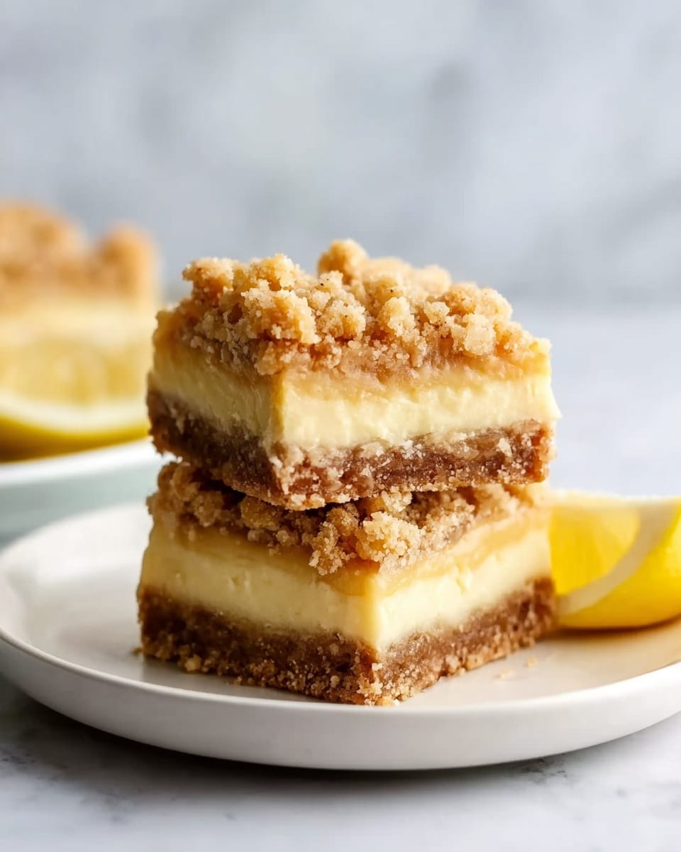 The image shows two square dessert bars stacked on a white plate. Each bar has three clear layers: a crumbly brown base at the bottom, a thick, smooth pale yellow middle layer, and a crumbly golden-brown topping with small clusters. A small lemon wedge sits next to the bars on the plate. The surface beneath the plate is a white marbled texture. The photo looks bright and sharp, with soft focus in the background. Photo taken with an iphone --ar 4:5 --v 7