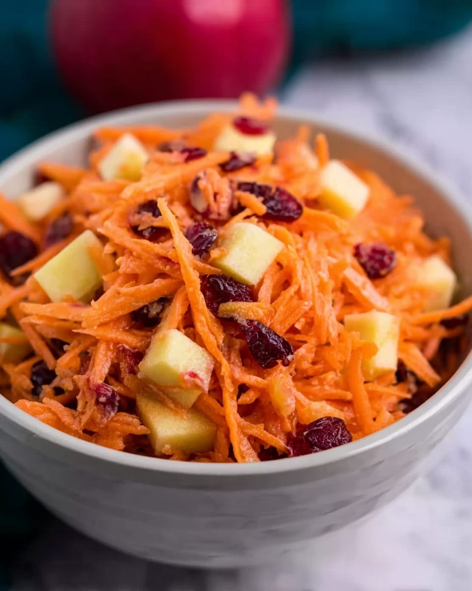 The image shows a bowl of shredded carrot salad with small cubes of pale yellow apple mixed in, along with some dried red cranberries scattered throughout. The salad is served in a white bowl and placed on a white marbled surface. The colors are bright, with the orange carrots being the most dominant, mixed evenly with the lighter apple pieces and dark red cranberries. In the background, a red apple is visible but slightly out of focus. Photo taken with an iphone --ar 4:5 --v 7