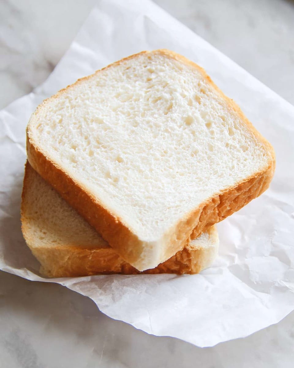 The image shows two slices of white bread placed on top of each other on a sheet of white parchment paper. The top slice is flat and soft with a light golden-brown crust around its edges and a fluffy, white interior with small air holes. The bottom slice is slightly visible, showing a similar texture and color with golden-brown crust. Both slices rest on a white marbled surface that has subtle grey veins. The scene is simple and clean, focusing on the texture and lightness of the bread. photo taken with an iphone --ar 4:5 --v 7