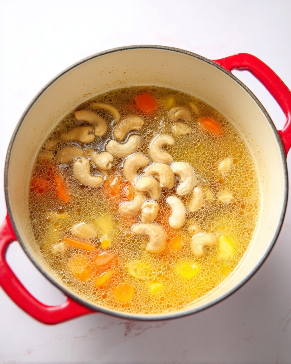 A close-up view of a red-handled white pot filled with simmering soup, showing three main layers: the bottom layer is a light golden broth with clear bubbles of oil floating on the surface, the middle layer has chunks of orange carrots and yellow vegetables, and the top layer features whole cashew nuts scattered across, floating in the broth. The pot sits on a white marbled surface, and the bright colors of the soup ingredients contrast with the creamy white inside of the pot. photo taken with an iphone --ar 4:5 --v 7