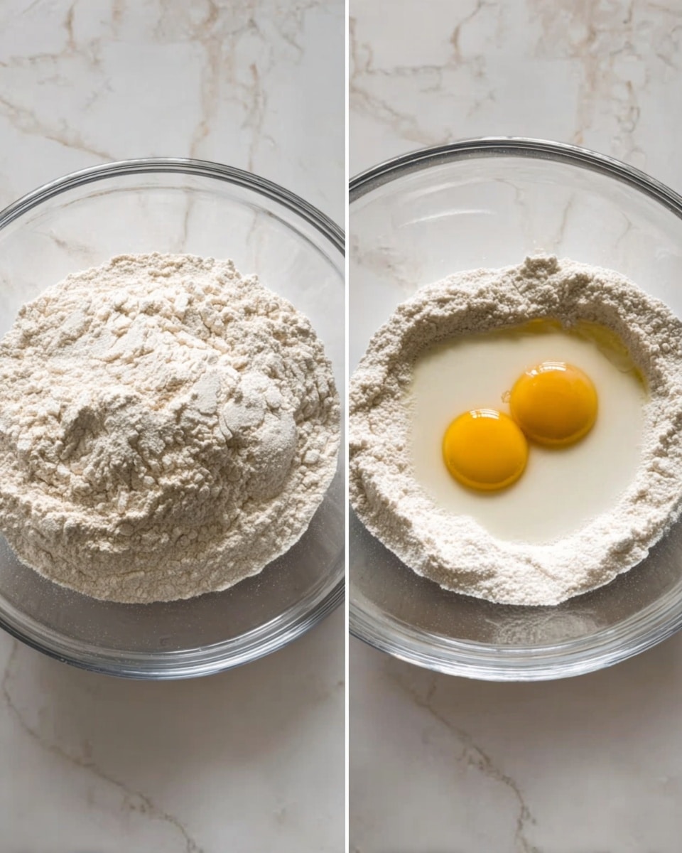 In the left image, there is a clear glass bowl filled with a mound of dry white flour, with a slightly rough texture and some small lumps visible on the surface. In the right image, the same clear glass bowl now contains the white flour pushed to the sides forming a ring, with two uncooked eggs and a pool of white liquid, likely milk, sitting in the center of the flour ring. Both bowls are placed on a white marbled surface. photo taken with an iphone --ar 4:5 --v 7