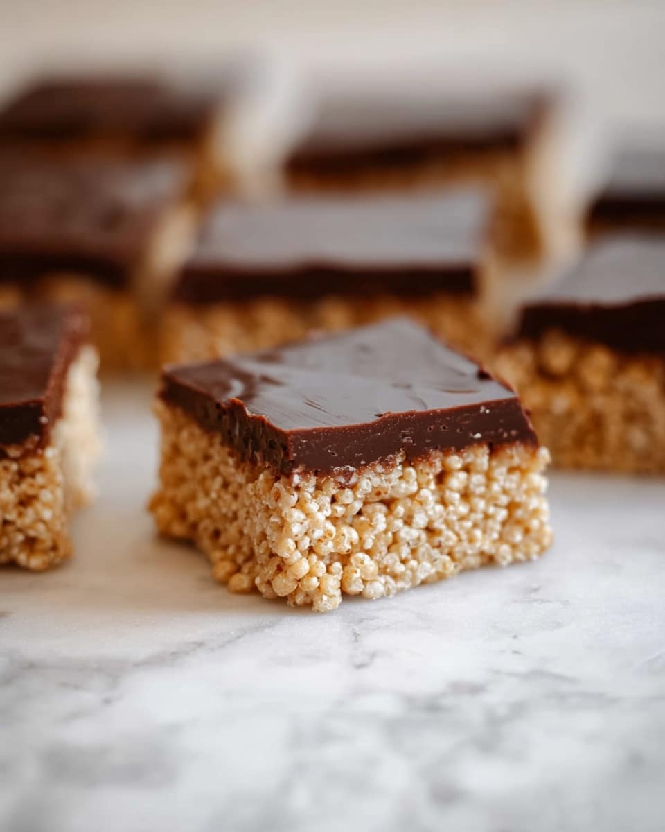 The image shows several square pieces of a dessert placed on a white marbled surface. Each piece has two distinct layers: the bottom layer is light brown with a rough texture made of puffed grains or cereal, and the top layer is smooth and dark brown, likely chocolate, with a slightly shiny finish. The dark layer is even and covers the top of the puffed grain layer completely. The squares are arranged close together, with one piece prominently in the front center and the rest blurred in the background. Photo taken with an iphone --ar 4:5 --v 7