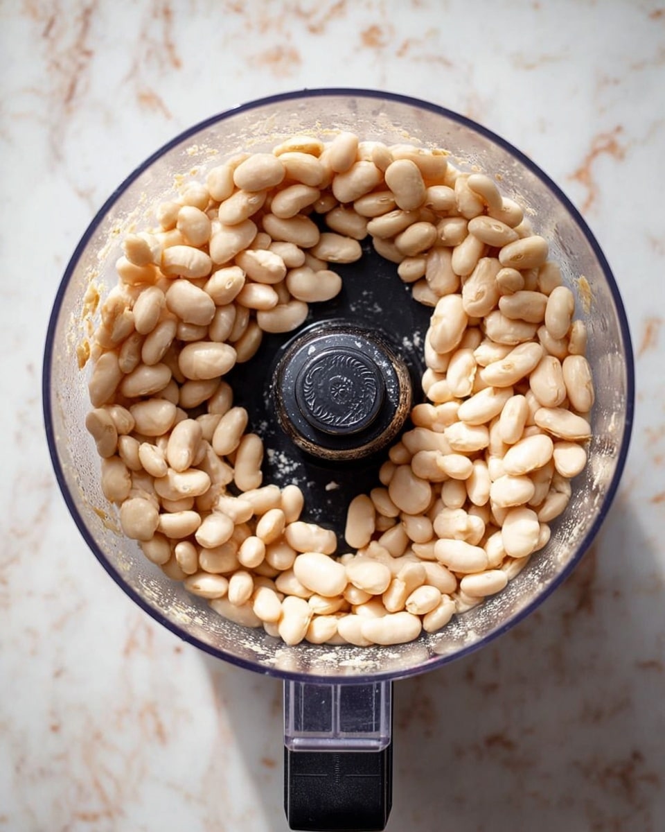 The image shows a clear food processor bowl filled with light beige white beans. The beans are whole and cover the bottom of the bowl, surrounding the central black blade mechanism. Some beans stick slightly to the sides of the bowl, showing their smooth texture. The food processor is placed on a white marbled surface, giving a clean kitchen feel. Photo taken with an iphone --ar 4:5 --v 7