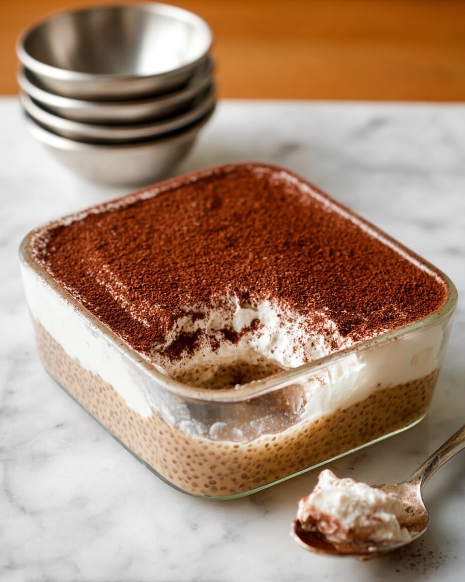 A square glass dish sits on a white marbled surface, filled with a layered dessert. The bottom layer is a light brown, slightly textured pudding studded with small seeds, and above it is a thick, smooth white cream layer. The top layer is a fine dusting of dark brown cocoa powder covering the entire surface. On the right edge of the dish, a spoon rests with some cream scooped out, showing the layers clearly from the side. In the background, there are three stacked silver bowls slightly out of focus. Photo taken with an iphone --ar 4:5 --v 7