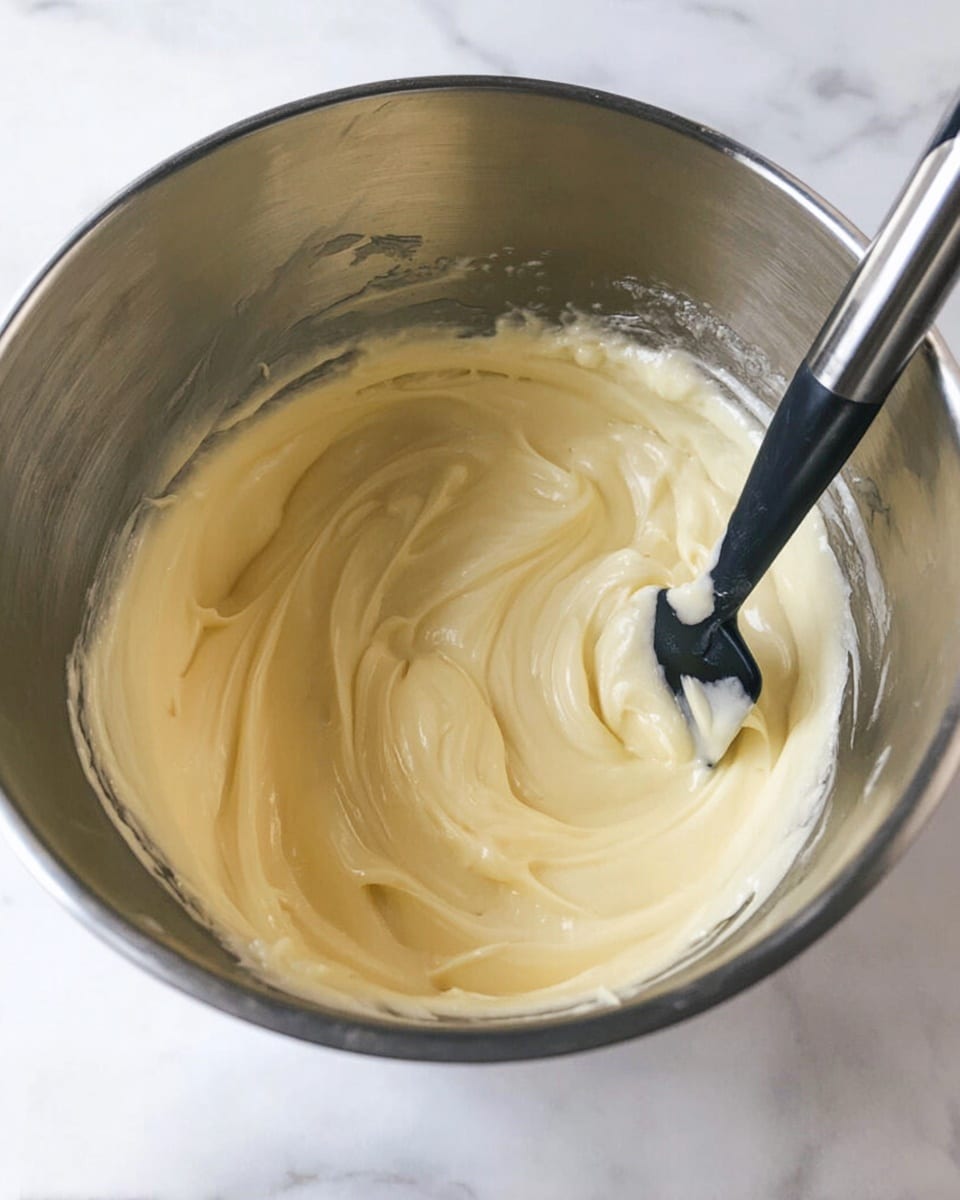 The image shows a close-up of a shiny silver mixing bowl containing a smooth, pale yellow cream or batter, with soft swirls and a thick, creamy texture. A black and silver spatula is inside the bowl, partially coated with the same cream. The bowl is placed on a white marbled surface. photo taken with an iphone --ar 4:5 --v 7