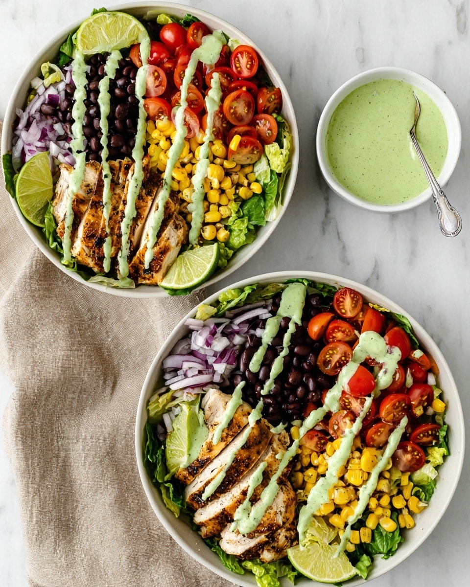 Two white bowls filled with layered salad sit on a white marbled surface. Each bowl starts with a base of green lettuce leaves. On one side, there are bright red cherry tomatoes cut in halves arranged in a cluster. Next to the tomatoes, there are small yellow corn kernels mixed with shiny black beans spread evenly across the bowl. Beside the beans and corn, there are thin slices of light purple onion. A grilled golden-brown chicken breast sliced into strips lies on top near one side of the bowl. Each bowl has a green creamy sauce drizzled in thick lines across all the layers from the top. A lime wedge rests on the edge of each bowl. Nearby is a white bowl filled with more green creamy sauce with a silver spoon inside. A light brown cloth napkin is slightly visible under the top bowl. photo taken with an iphone --ar 4:5 --v 7