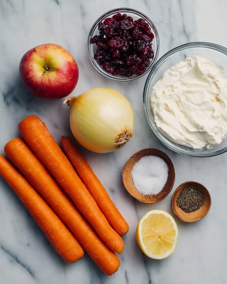 The image shows a white marbled surface with a group of ingredients neatly arranged. There are five orange carrots placed side by side at the bottom left, a red apple with a yellow-green spot at the top left, and a whole yellow onion at the center. Above the onion is a small clear glass bowl filled with dark red dried cranberries. To the right, there is a half lemon with the juicy side facing up, a clear glass bowl with thick white cream, and three small wooden bowls containing salt, pepper, and sugar. photo taken with an iphone --ar 4:5 --v 7