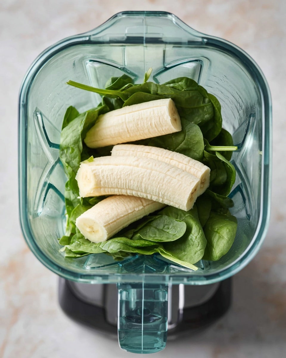 A clear blender container sits on a white marbled counter, filled with two layers of ingredients. The bottom layer is fresh, dark green spinach leaves with smooth textures and visible stems. On top, there are three peeled bananas placed side by side, their pale yellow color contrasting with the spinach below. The blender itself has a clear and slightly shiny surface with geometric edges and a black base at the front. Photo taken with an iphone --ar 4:5 --v 7