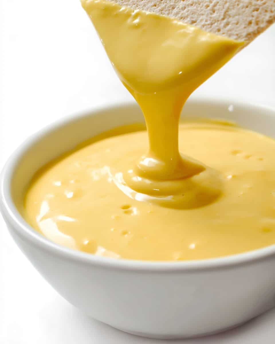 A thick, smooth, yellow cheese sauce is being poured from a white textured utensil into a white, round bowl filled to the top with the same sauce. The sauce has a shiny surface with some small bubbles, showing its creamy texture. The background is simple and bright, highlighting the rich, velvety sauce and the clean white bowl. photo taken with an iphone --ar 4:5 --v 7