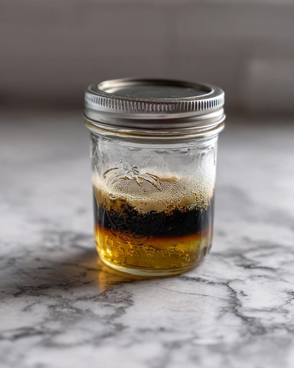 A small clear glass jar with a silver lid shows three clear layers of liquid. The bottom layer is golden yellow, the middle layer is almost black, and the top layer is a light brown frothy liquid. The jar is placed on a white marbled surface with a blurred light gray background. Photo taken with an iphone --ar 4:5 --v 7