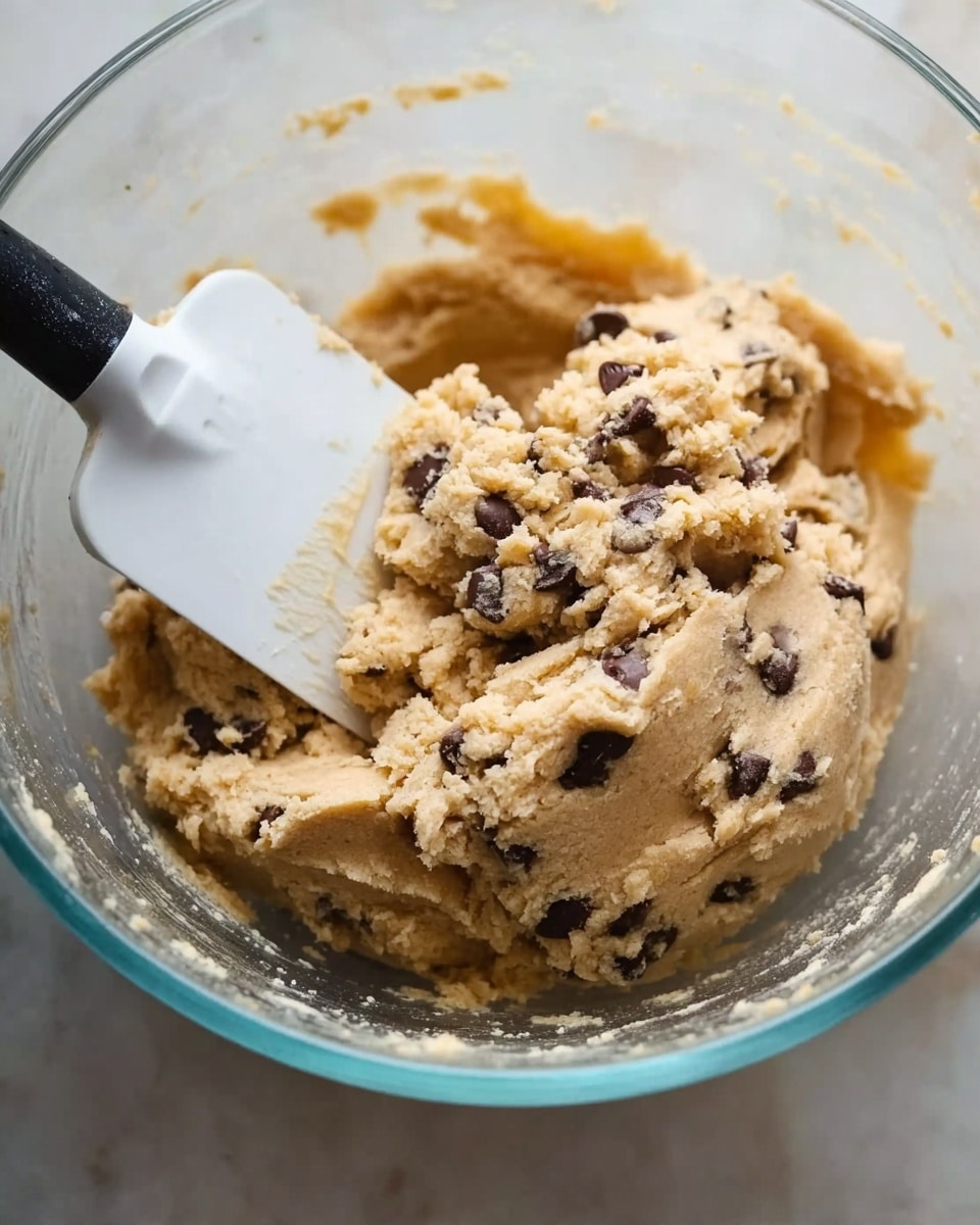 A close-up of cookie dough in a clear glass bowl showing a creamy, light brown color with chocolate chips scattered throughout. The dough texture is slightly sticky and smooth with some small rough edges around where it has been mixed. A white spatula with a black handle is partially buried in the dough, resting on the left side of the bowl. The bowl is placed on a white marbled surface. The photo is taken from an angle slightly above the bowl, giving a good view of the dough inside. Photo taken with an iphone --ar 4:5 --v 7