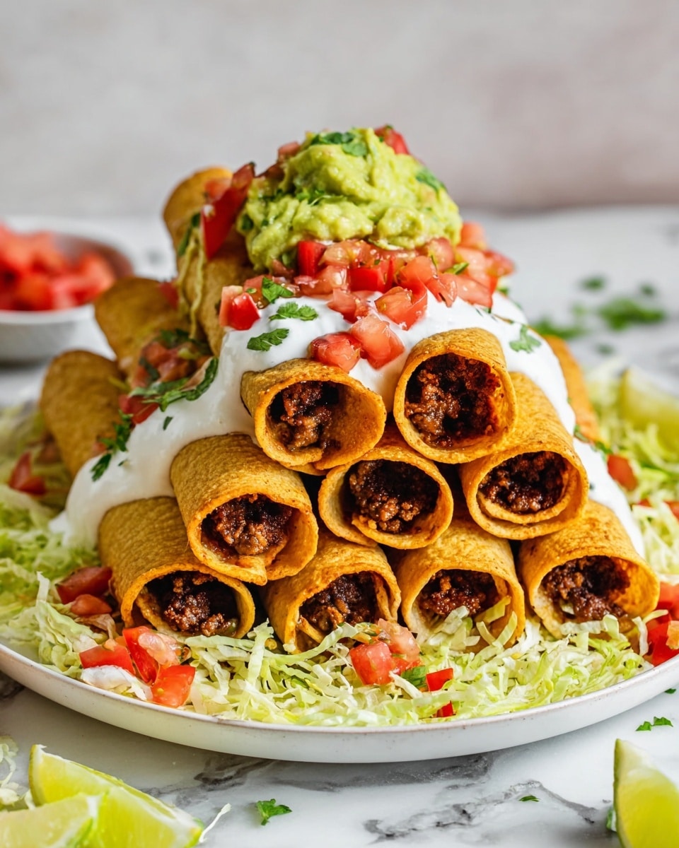 The image shows a white plate filled with a stack of golden rolled tacos arranged in a pyramid shape. Each taco is filled with a dark brown seasoned meat visible at the open ends. The tacos rest on a bed of shredded light green lettuce with small diced bright red tomatoes scattered on top. The top layer of the taco stack is covered with white sour cream, bright green guacamole dollops, and more diced red tomatoes, garnished with small green cilantro leaves. The plate sits on a white marbled surface with lime wedges partially visible at the bottom right photo taken with an iphone --ar 4:5 --v 7