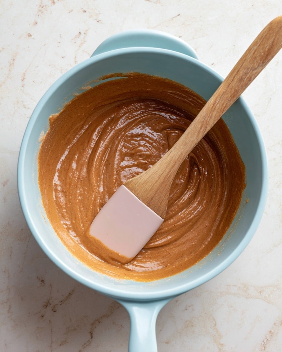A close-up top view of a light blue pot filled with smooth, thick brown batter that has a slightly glossy surface. A silicone spatula with a wooden handle and pale pink blade is placed inside the pot, partially covered with the batter. The pot sits on a white marbled surface. photo taken with an iphone --ar 4:5 --v 7
