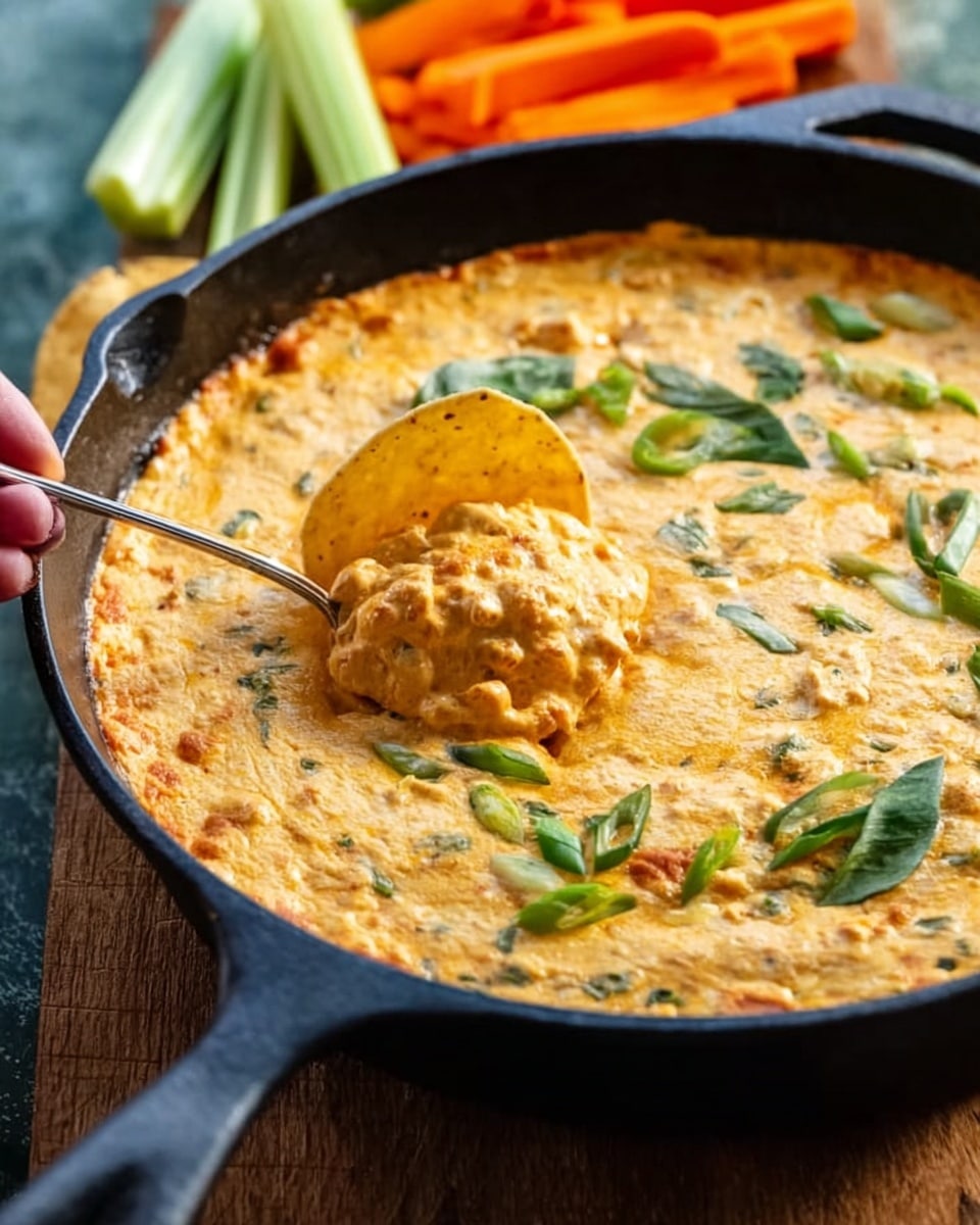 The image shows a black cast iron skillet filled with a creamy, orange-yellow dip layered evenly and slightly textured with small bits and herbs inside. On top of the dip, there are scattered green leaves and sliced green onions for garnish. Two round tortilla chips are partially dipped and sticking out from the dip near the center of the skillet. A silver spoon with some dip on it is resting inside the skillet, and a woman's hand is holding it gently. The skillet is set on a wooden surface with blurred green and orange sticks at the top in the background. Photo taken with an iphone --ar 4:5 --v 7