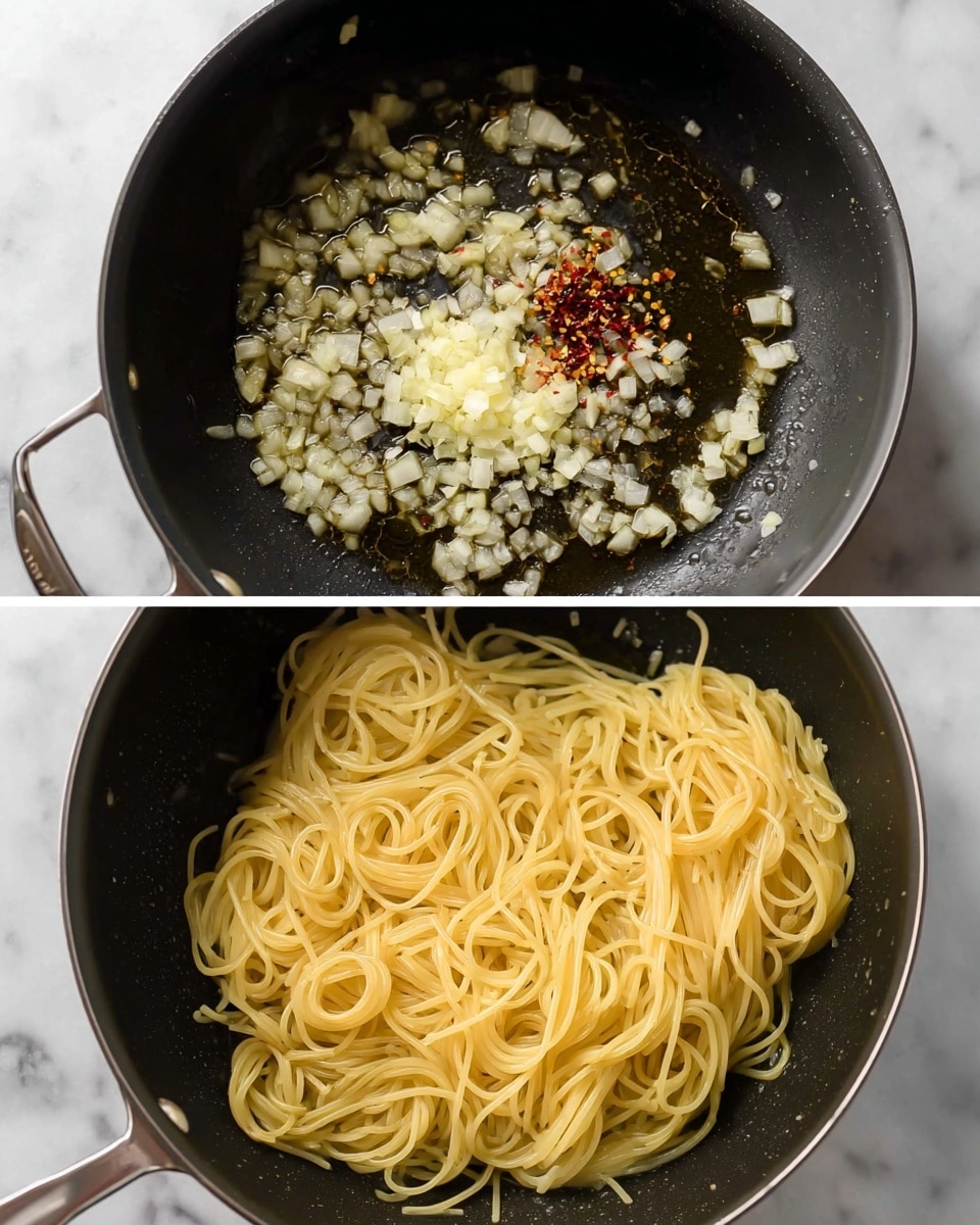 The first image shows a black cooking pot with sautéed small white onion pieces spread around and some minced garlic in the center, while a small amount of red chili flakes is on the left side, all sizzling in oil that makes the surface glossy. The second image shows the same pot now with a pile of cooked yellow spaghetti noodles sitting on top of the onion, garlic, and chili oil mixture, with steam rising gently, giving a shiny and soft texture to the pasta. The background is a white marbled surface visible around the pot. photo taken with an iphone --ar 4:5 --v 7
