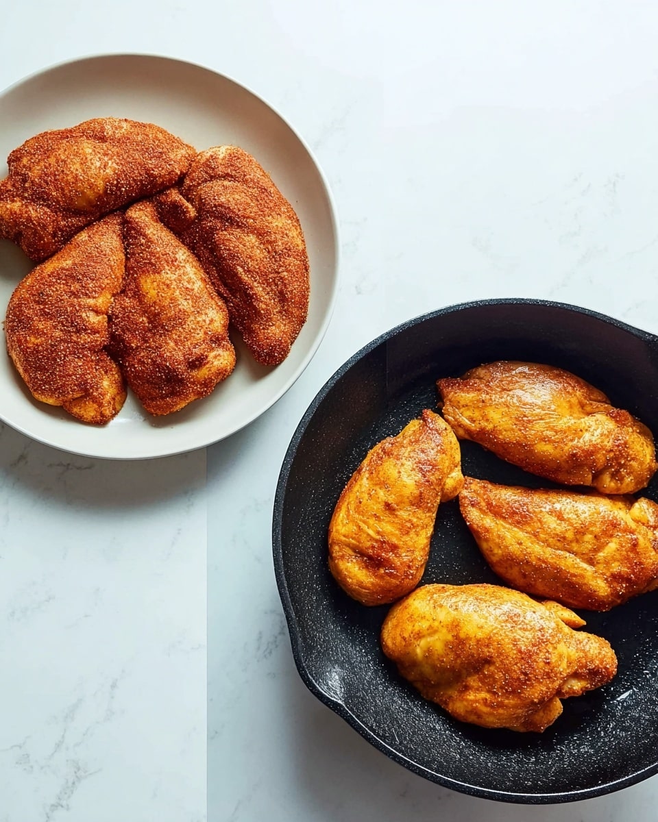 The image shows two side-by-side pictures on a white marbled surface. On the left, a white plate holds five raw chicken pieces covered in a reddish-brown spice rub, arranged closely together with a rough textured coating. On the right, a black cast iron pan contains four cooked chicken pieces that have a golden-brown color with a slightly shiny surface, spaced evenly inside the pan. Photo taken with an iphone --ar 4:5 --v 7