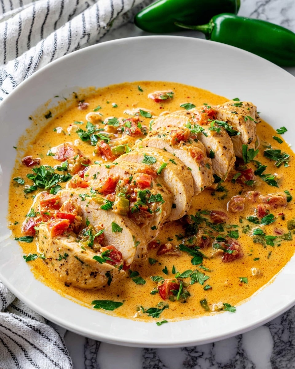 A white plate holds a creamy, yellow-orange sauce with visible small pieces of red tomatoes and green herbs mixed in. On top, there are several slices of lightly browned chicken arranged in a fanned-out row, partially covered in the sauce. Fresh green parsley is sprinkled over both the chicken and sauce. The plate is set on a white marbled surface with a striped cloth and two whole green peppers in the background. Photo taken with an iphone --ar 4:5 --v 7
