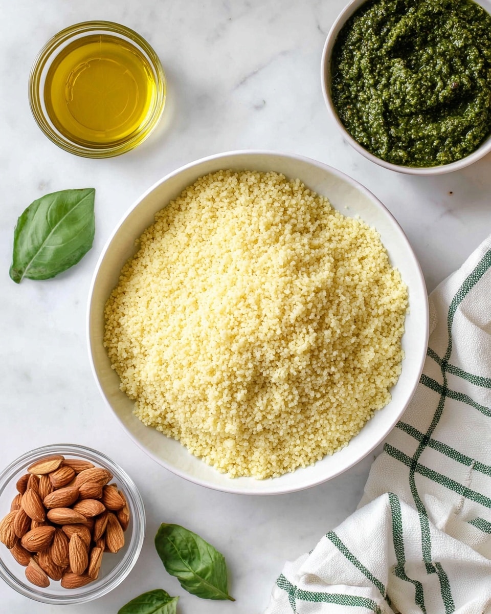 A large white bowl filled with fluffy, pale yellow couscous grains, spread evenly and softly mounded in the center; next to it, a small clear glass bowl with brown almonds and another white bowl containing thick dark green pesto with a smooth texture. A couple of fresh bright green basil leaves sit near the bowls, and a clear glass filled with golden olive oil is placed near the top left. A white cloth with green checkered stripes is bunched up in the upper right corner on a white marbled surface photo taken with an iphone --ar 4:5 --v 7