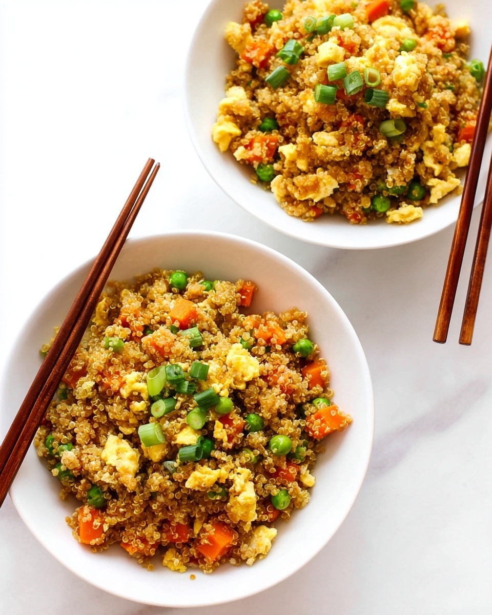 Two white bowls filled with fried quinoa are shown on a white marbled surface. Each bowl contains three visible layers: the bottom layer of light brown cooked quinoa mixed with small, bright orange carrot cubes, green peas, and chopped white onions, all evenly mixed giving a textured look; scattered scrambled egg pieces that are fluffy and yellowish, and small bits of green onion sprinkled on top. Both bowls have a pair of brown wooden chopsticks resting on their edges. The image is bright with natural light highlighting the colors of the food, emphasizing the texture of the grains and vegetables. photo taken with an iphone --ar 4:5 --v 7