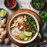 Gingery Chicken and Rice Noodle Soup with Crispy Garlic Recipe