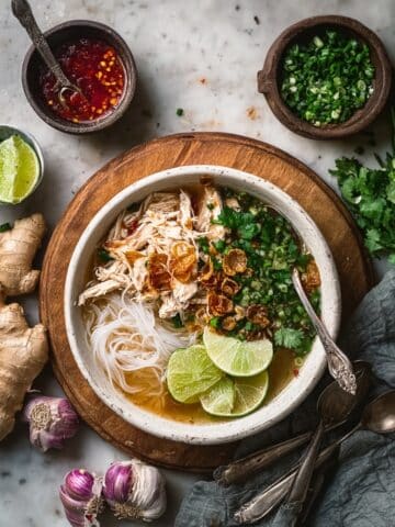 Gingery Chicken and Rice Noodle Soup with Crispy Garlic Recipe