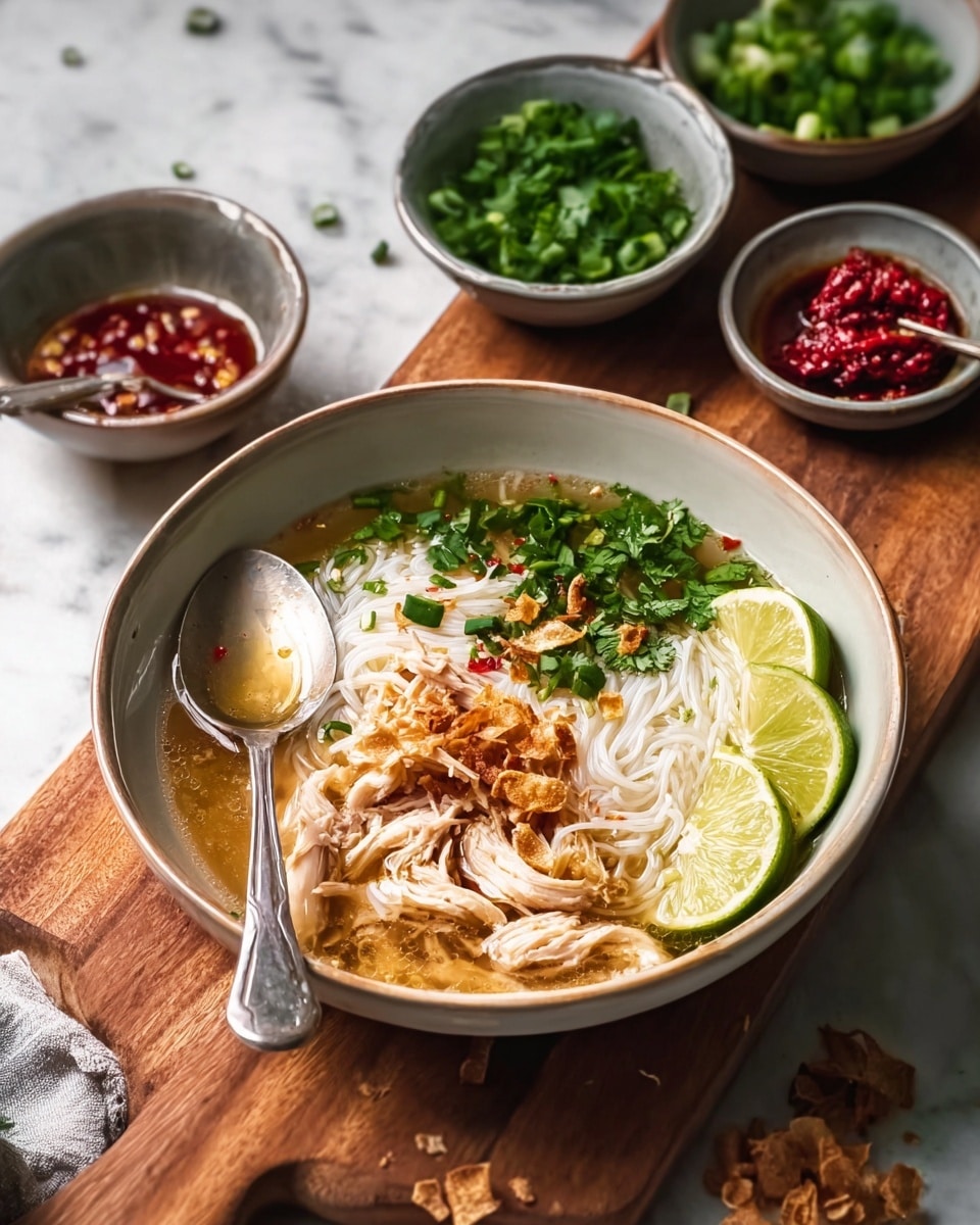 A bowl of clear soup with light brown broth forms the base, holding a nest of white thin rice noodles on the right side, topped with light brown shredded chicken pieces scattered around the center. Bright green herbs and scallion slices are sprinkled over the top, while lime wedges with pale green and light yellow flesh sit along the right edge of the bowl. Some fried garlic chips add golden-brown touches on the noodles, and a silver spoon rests inside the bowl in the lower left side, partially submerged in the broth and noodles. The bowl is placed on a wooden board, surrounded by small bowls of red chili paste, fresh green onions, and golden fried garlic slices on a white marbled surface. Photo taken with an iphone --ar 4:5 --v 7