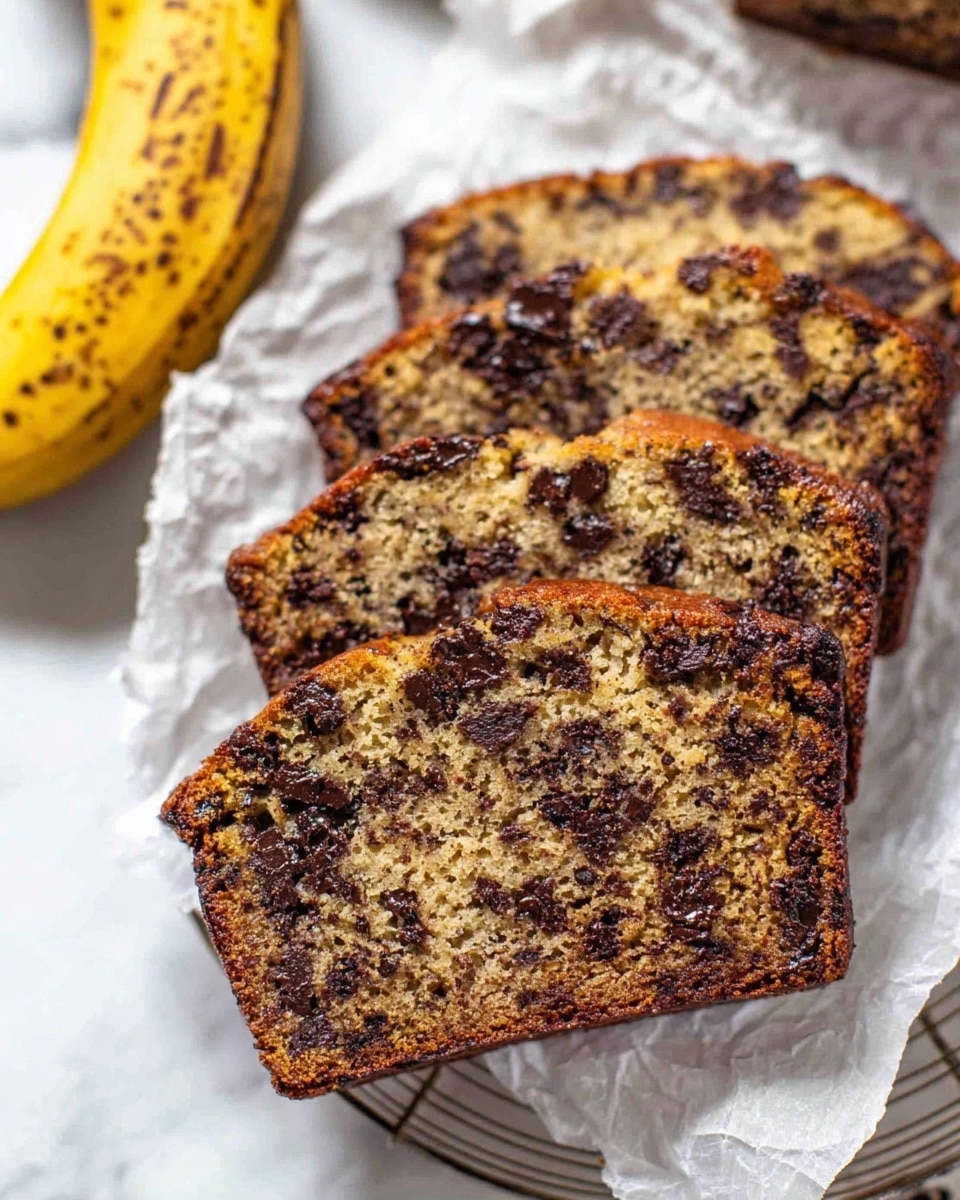 The image shows several slices of banana bread with dark chocolate chips spread unevenly throughout each slice. The bread has a light brown, moist texture with a darker brown crust around the edges. The slices are stacked slightly on crumpled parchment paper on a cooling rack, all placed on a white marbled surface. In the top left corner, part of a ripe yellow banana with brown spots is visible. The photo taken with an iphone --ar 4:5 --v 7