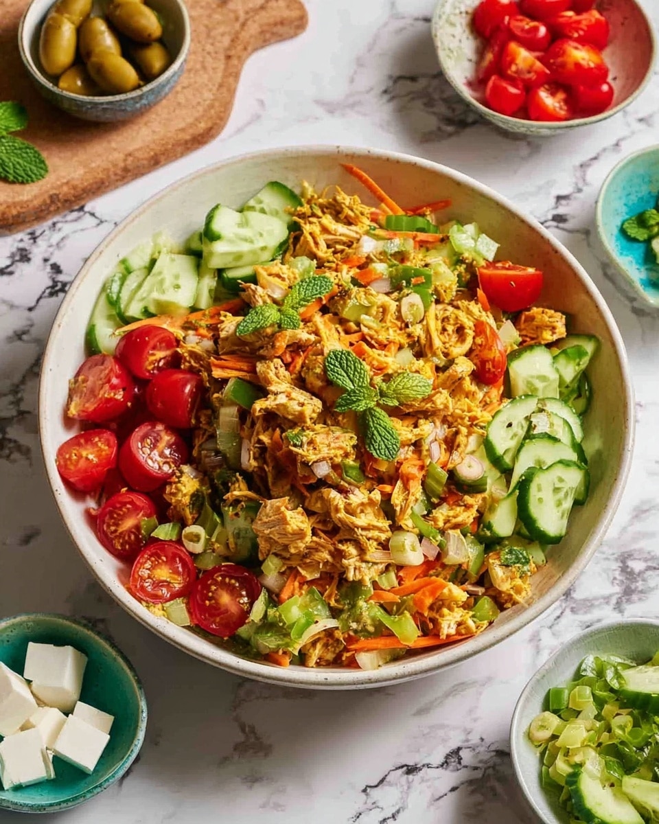 A large, deep white bowl filled with a colorful mixed salad featuring multiple layers: the bottom layer has chopped pieces of yellowish cooked chicken mixed with shredded orange carrots, slices of fresh green cucumber, and halved bright red cherry tomatoes scattered throughout. On top, there are light green mint leaves and thin green bell pepper slices adding fresh texture. The salad is tossed together with small chunks of onions and finely sliced herbs, creating a vibrant look with varied textures and colors. Around the bowl, there are small bowls with cherry tomatoes, white cubes, and green olives on a white marbled surface. Photo taken with an iphone --ar 4:5 --v 7