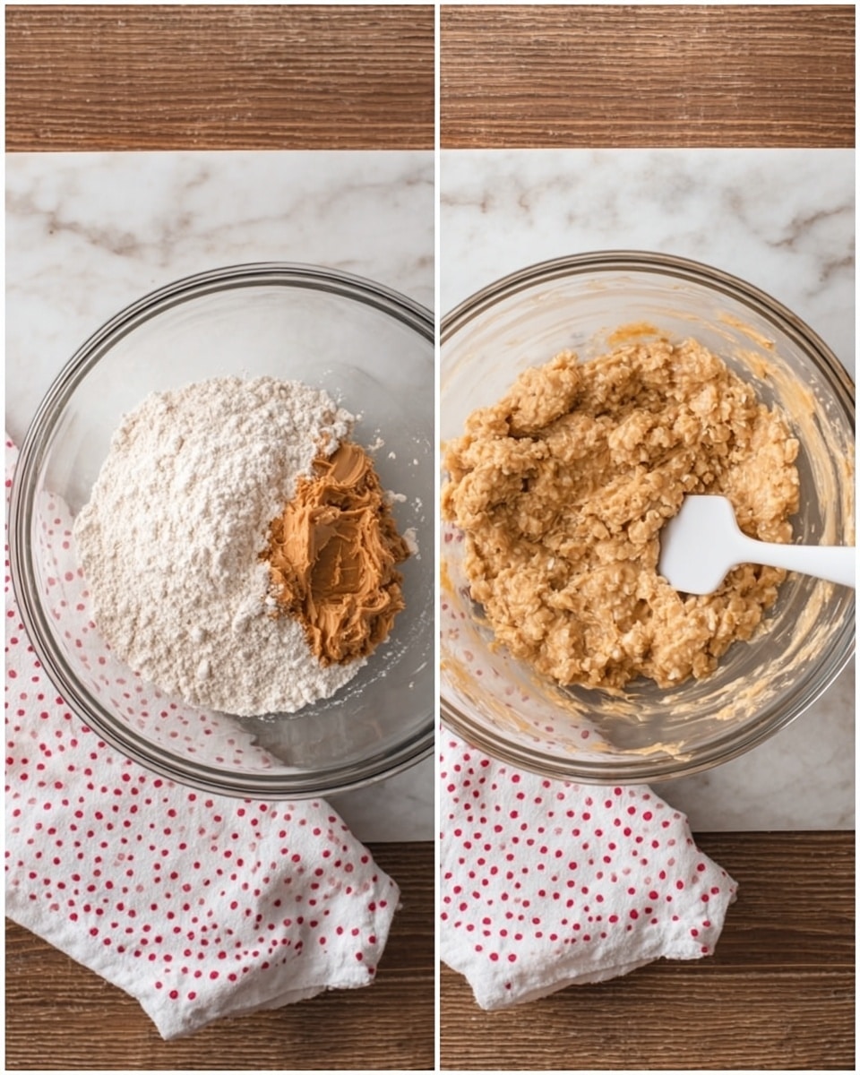 Two images side by side show a mixing process in a clear glass bowl on a white marbled surface. The left image shows dry and wet ingredients placed separately inside the bowl: a large mound of white flour, light brown oats, peanut butter, and honey arranged in distinct sections. A white cloth with red dots is partially visible below the bowl. The right image shows the ingredients mixed into a thick, sticky beige dough with visible bits of oats. A white spatula is in the bowl, stirring the mixture, and the white dotted cloth is still partly visible. photo taken with an iphone --ar 4:5 --v 7