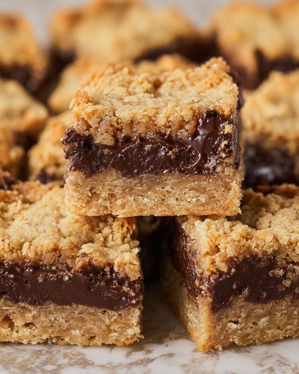 The image shows square bars stacked together, each bar having three clear layers. The top and bottom layers are made of a light golden crumbly oat mixture, with a rough and textured appearance. The middle layer is thick and dark brown, smooth and slightly shiny, suggesting melted chocolate. The bars are placed closely on a white marbled textured surface, creating a cozy and inviting look. Photo taken with an iphone --ar 4:5 --v 7
