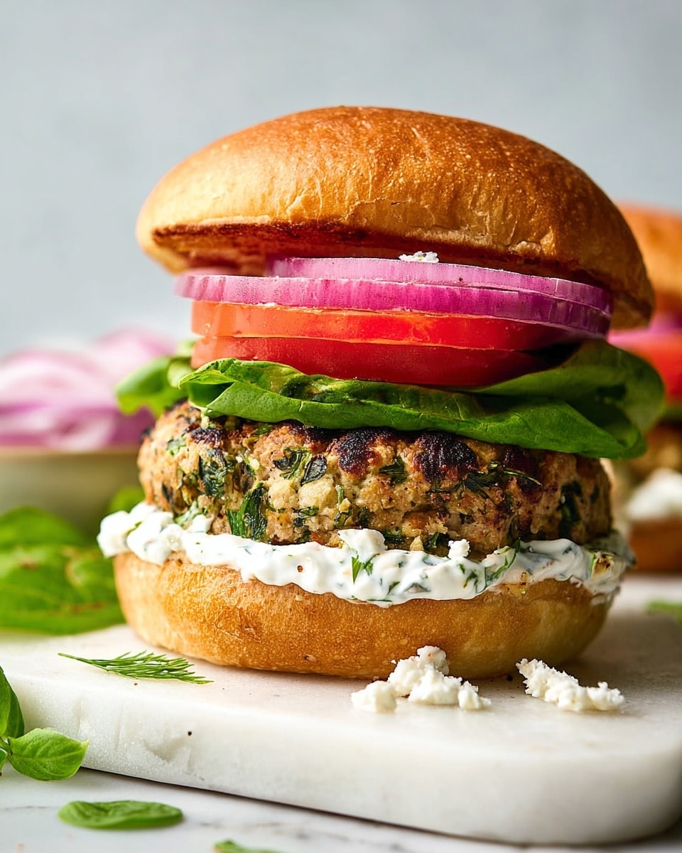 The image shows a close-up of a thick sandwich with five visible layers. The bottom layer is a soft, glossy light brown bun with a spread of white sauce that has green herbs mixed in. Above the sauce is a layer of fresh green lettuce, topped by a large, juicy patty mixed with green herbs and browned edges. Next, there are two bright red slices of tomato, followed by thin slices of purple onion and small white crumbs sprinkled on top. The sandwich is completed with a soft brown top bun, all set on a white marbled surface with some green leaves scattered nearby. photo taken with an iphone --ar 4:5 --v 7
