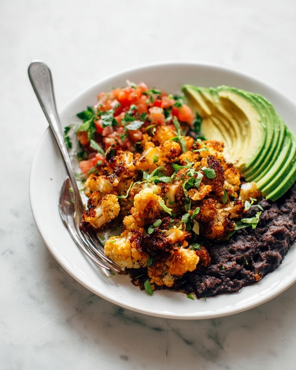 A white plate holds a colorful dish with four main layers. At the bottom right, there is a dark, mashed black bean layer with a soft rough texture. Above and to the center is a pile of golden-brown roasted cauliflower, crispy and caramelized with small green herb pieces sprinkled on top. To the left of the cauliflower are bright green slices of avocado, smooth and fresh with a slight shine. Behind the cauliflower, on the top edge, are some diced red tomatoes mixed with chopped green herbs, adding a fresh touch. A silver fork rests on the left side of the plate, on a white marbled surface. Photo taken with an iphone --ar 4:5 --v 7