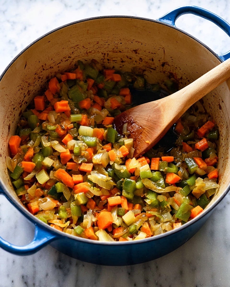 A blue cast iron pot holds a mix of cooked vegetables including diced orange carrots, green bell peppers, light green celery, and translucent cooked onions, all lightly browned and mixed together with a wooden spoon resting inside the pot on the right side, the pot sits on a white marbled surface with some cooking marks visible inside near the top edges photo taken with an iphone --ar 4:5 --v 7
