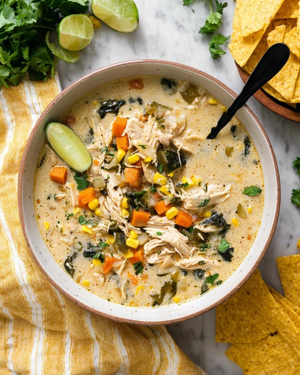 A bowl of creamy chicken soup with visible layers including shredded light tan chicken pieces on top, scattered diced orange carrots and yellow corn, with chunks of dark green poblano peppers and bits of light green and white onions throughout in a pale creamy broth. A lime wedge rests on the left edge inside the bowl. The soup is served in a white bowl with a black spoon placed inside on the right side. The bowl is set on a yellow and white striped cloth on a white marbled surface. Fresh green cilantro sprigs and yellow tortilla chips are scattered around the bowl. Photo taken with an iphone --ar 4:5 --v 7