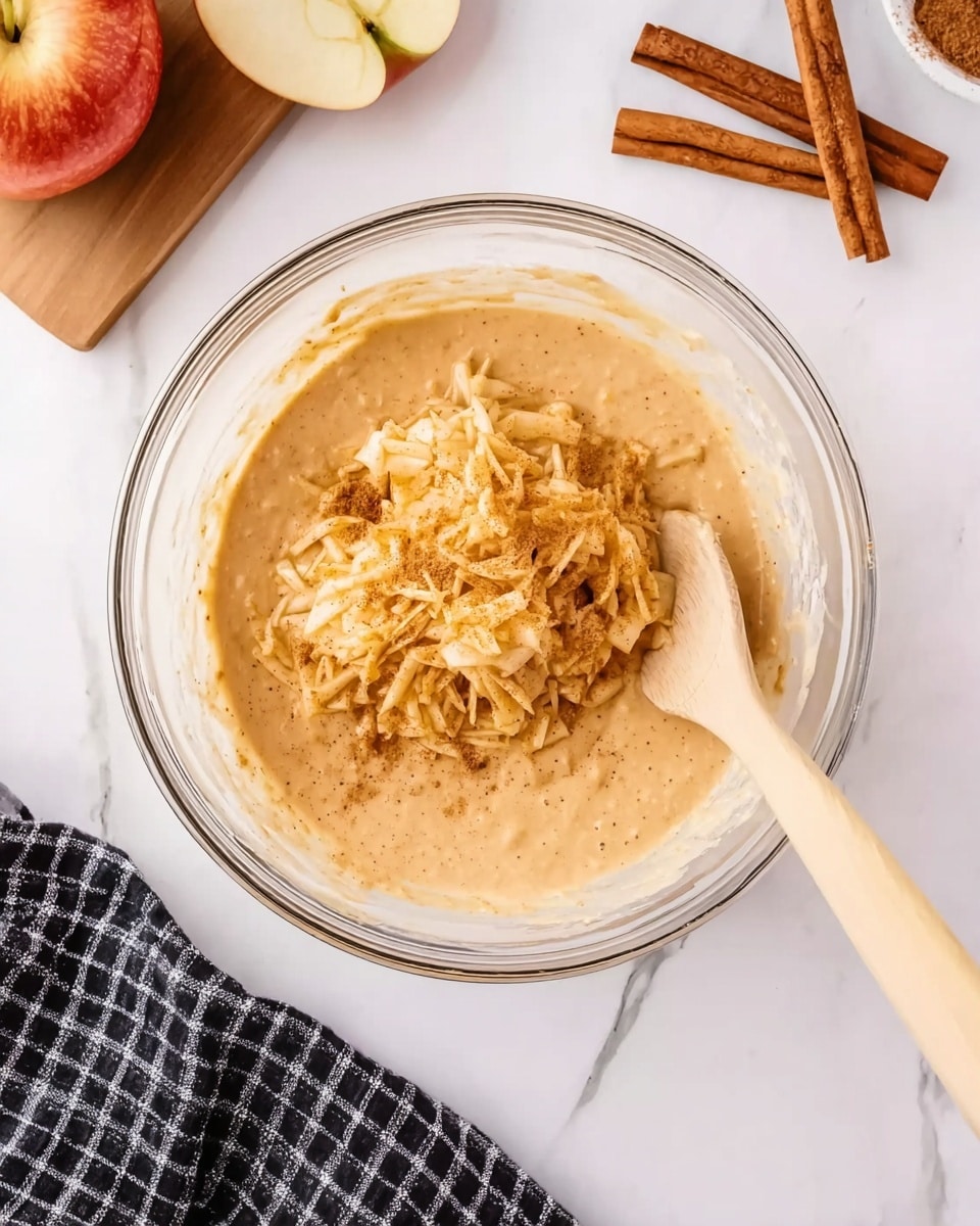 A clear glass bowl filled with a creamy light brown batter, in the center of which there is a pile of shredded apple pieces with a slightly golden color. A beige wooden spoon is resting inside the bowl, leaning towards the right side and touching the shredded apples. Around the bowl, there are whole cinnamon sticks placed on a white marbled surface, along with half an apple at the top left. A black and white checkered cloth is partially seen on the bottom left corner. The scene looks bright and clean, focusing closely on the bowl and its contents. photo taken with an iphone --ar 4:5 --v 7