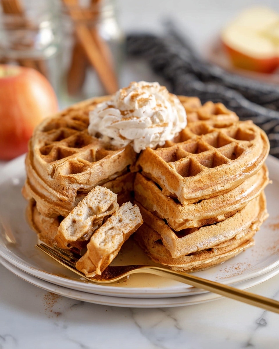 A stack of four thick, golden-brown waffles with a slightly crispy edge sits on a white plate. The waffles have a warm, textured surface with small grid patterns typical of waffles. On top, there is a dollop of creamy whipped topping with a light dusting of cinnamon or spice. In front, a golden fork holds three waffle pieces showing their soft, fluffy inside with a light brown color. The scene is set on a white marbled surface with a blurred background featuring glass jars and a sliced apple on the side. Photo taken with an iphone --ar 4:5 --v 7