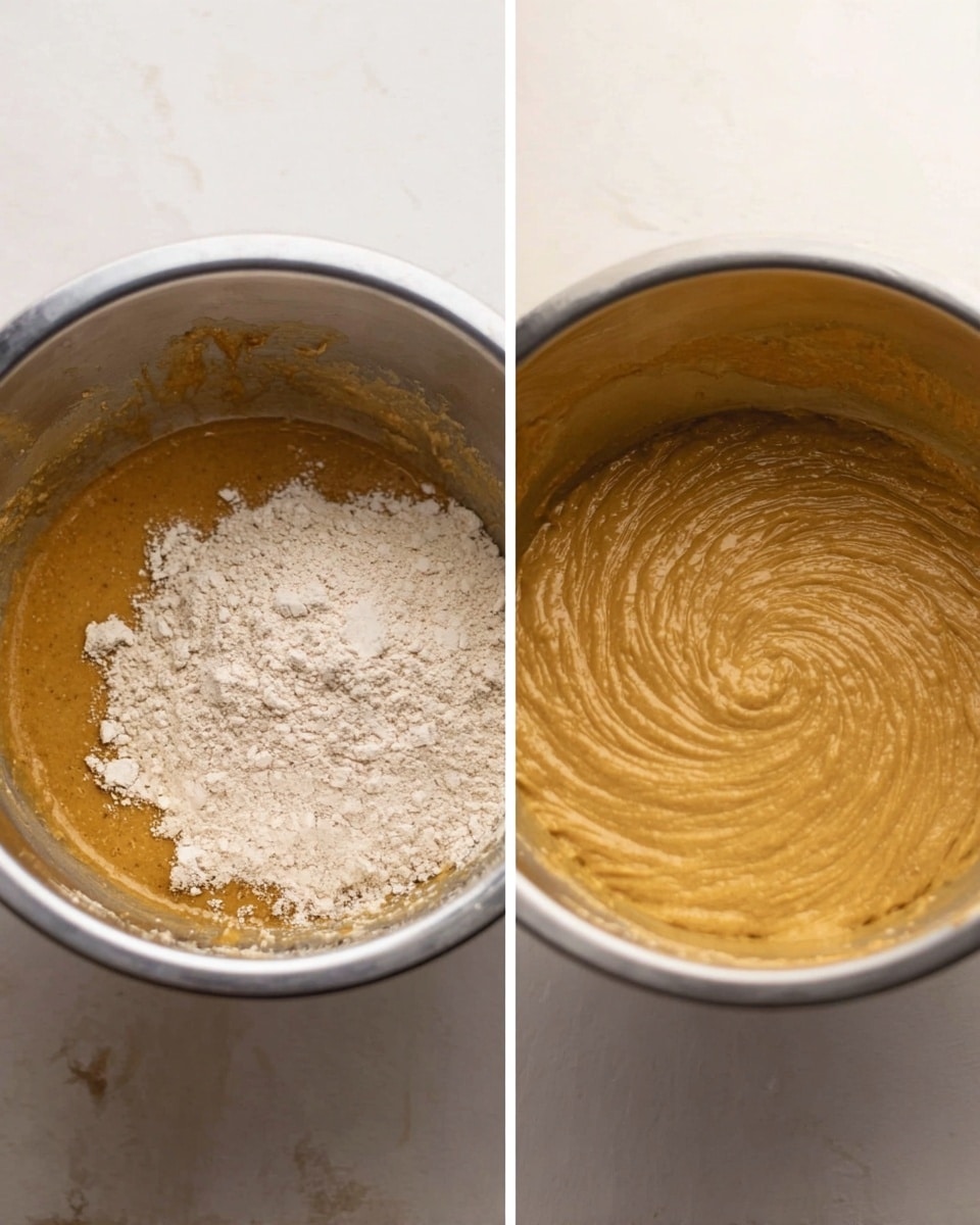 Two side-by-side photos show a silver mixing bowl on a white marbled surface. The left photo shows dry light brown flour on top of a darker, wet golden brown mixture in the bowl. The right photo shows the same bowl with the mixture fully stirred into a smooth, thick batter, light brown in color with slight swirl marks on the surface. photo taken with an iphone --ar 4:5 --v 7
