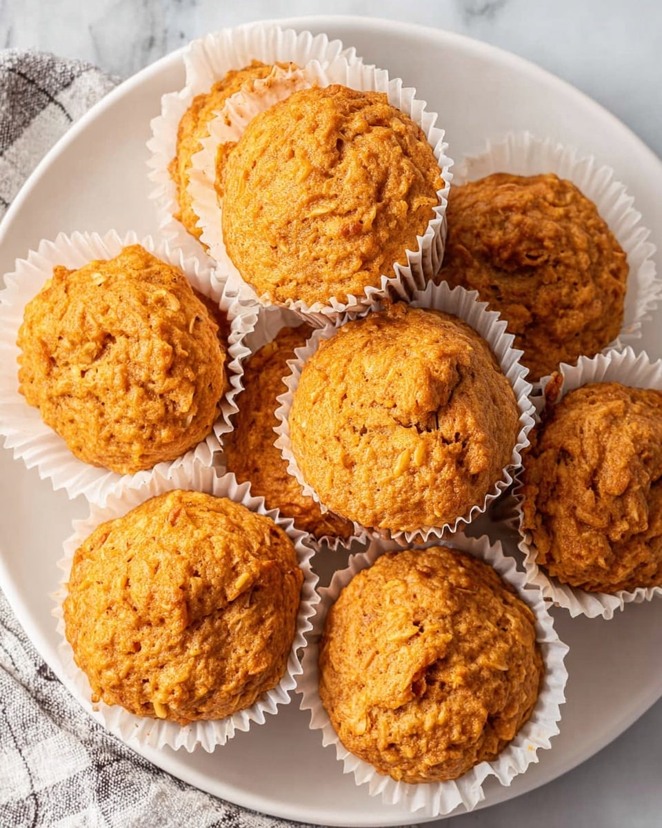A white plate filled with eight golden brown muffins sitting in white paper liners. The muffins have a rough and slightly uneven top texture, showing bits of what looks like carrot or oat pieces inside. They are arranged closely together, with some muffins leaning on each other. The plate is placed on a white marbled surface with a checkered cloth partially visible at the bottom left corner. The lighting is soft, highlighting the warm color and textured surface of the muffins photo taken with an iphone --ar 4:5 --v 7