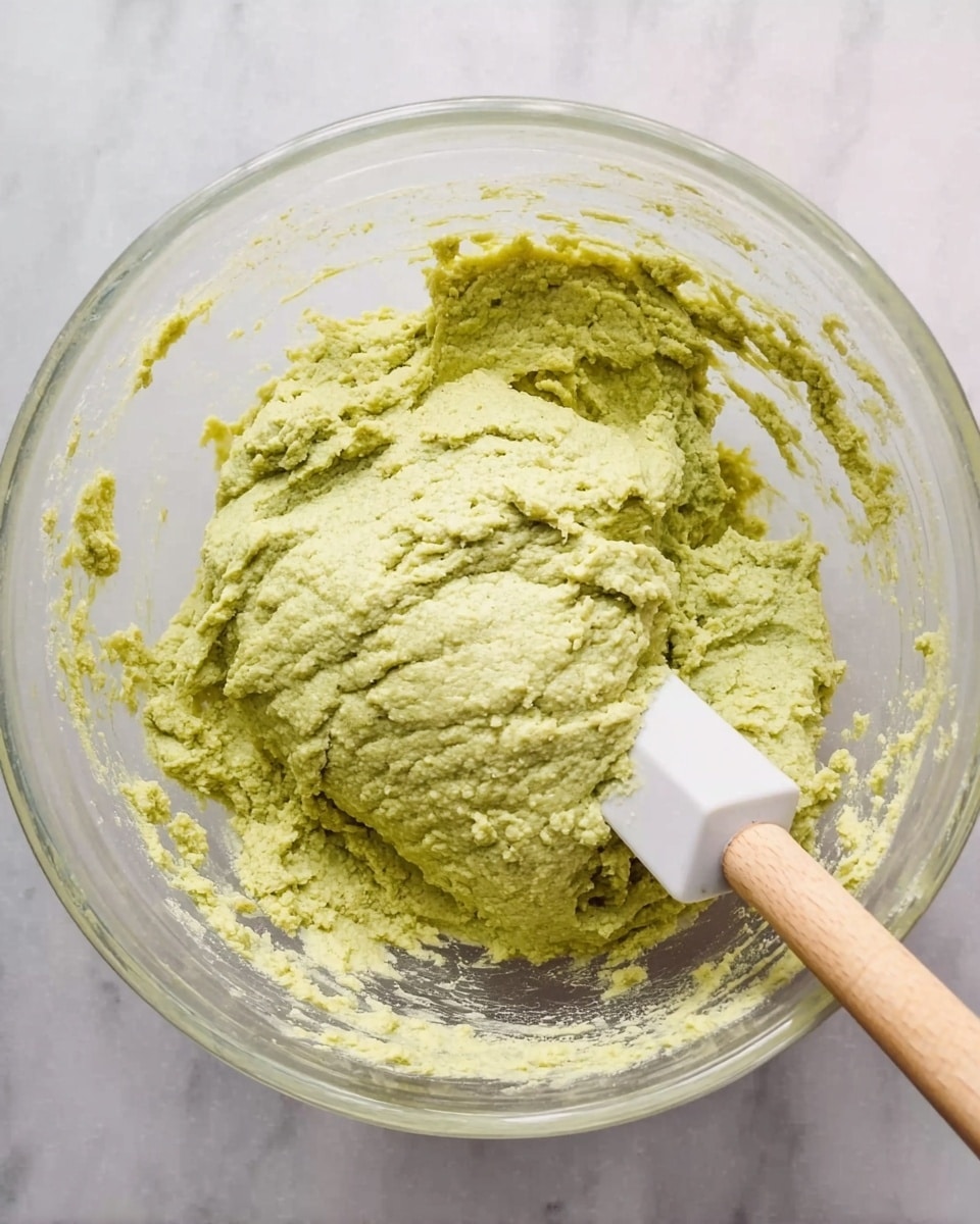 A clear glass bowl sits on a white marbled surface, filled with thick, light green dough that has a slightly uneven, textured surface. The dough covers most of the bowl's bottom and rises in the center. A white spatula with a wooden handle rests in the dough, partially buried on the left side. Some dough clings to the bowl's sides, showing the mixture's creamy and dense texture. The photo is taken from above, focusing on the dough inside the bowl. photo taken with an iphone --ar 4:5 --v 7