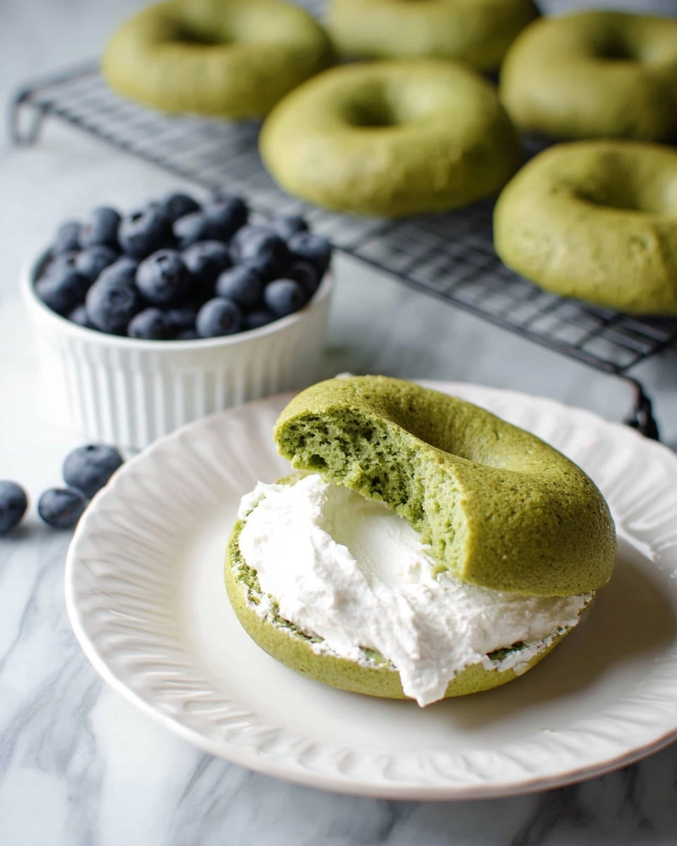 A white fluted plate sits on a white marbled surface, holding a green bagel cut in half. The bottom half is spread with a thick layer of white cream cheese, and there is a bite taken from it, showing the soft, green interior. The top half of the bagel leans on the bottom half, showing its round shape and textured surface. Behind the plate is a white ramekin full of fresh, round blueberries, with some blueberries scattered nearby on a black wire cooling rack holding several more green bagels. Photo taken with an iphone --ar 4:5 --v 7