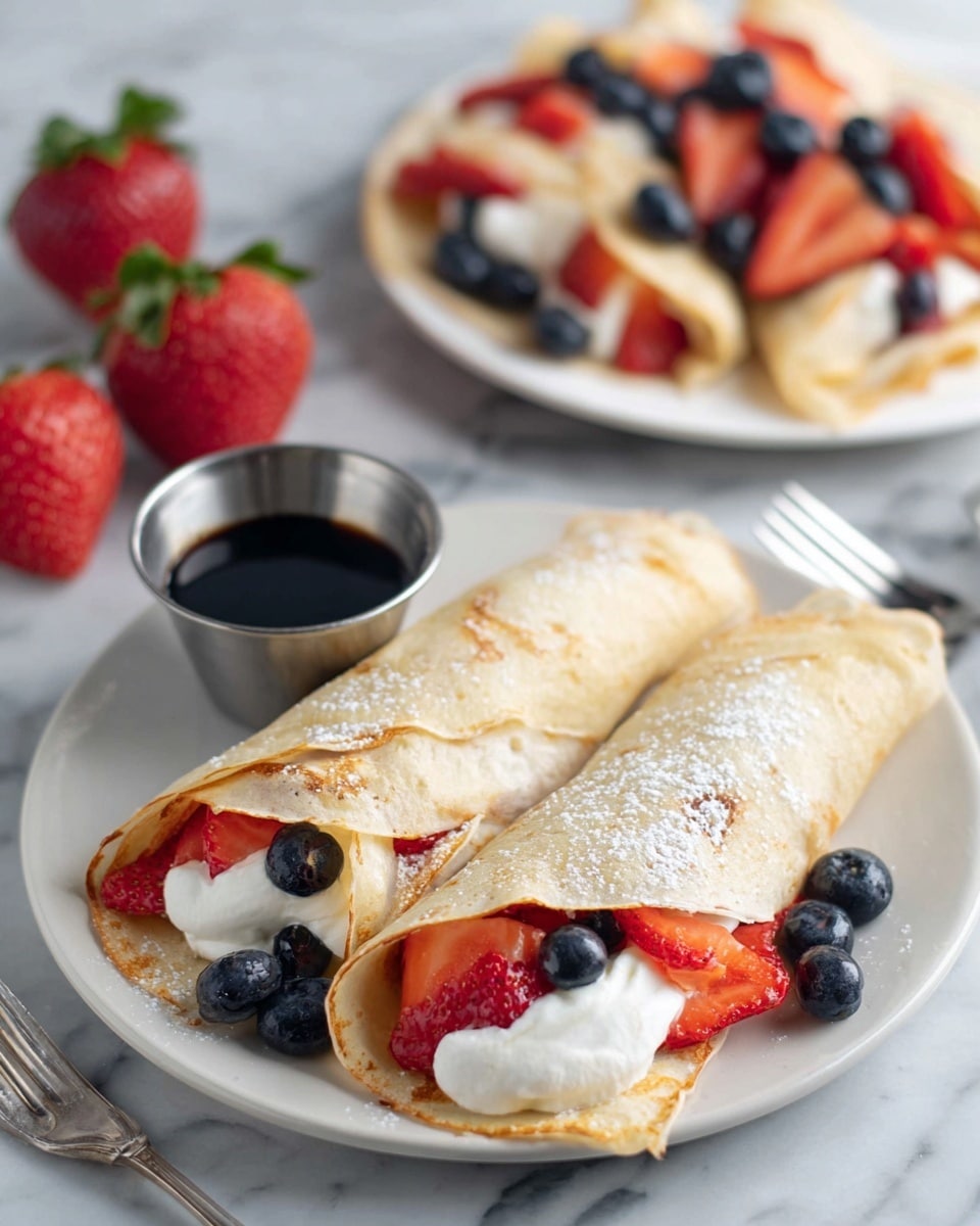 Two light brown crepes are folded and placed side by side on a white plate. Each crepe is filled with white cream and fresh fruits, including red strawberry slices and dark blue blueberries, some fruits peeking out at the open ends. A small metal cup filled with dark syrup sits on the left side of the plate. Behind the plate, there are two whole strawberries with green tops, and further back, another plate holds folded crepes with scattered strawberries and blueberries. The scene is set on a white marbled surface. photo taken with an iphone --ar 4:5 --v 7