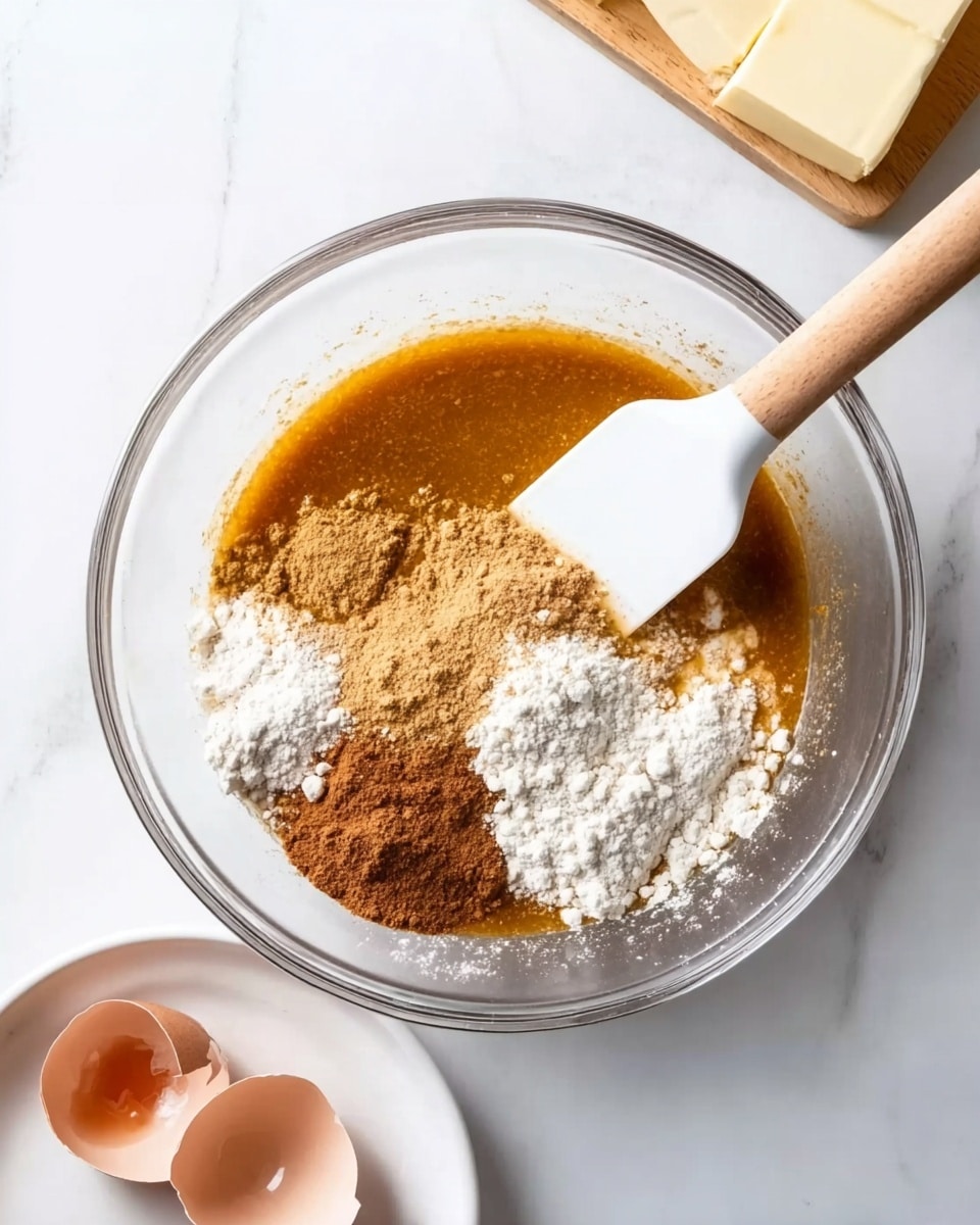 A clear glass bowl sits on a white marbled surface, filled with a mix of orange-brown liquid and several piles of dry ingredients in white, light brown, and dark brown colors. A white spatula with a wooden handle is resting inside the bowl, partially stirring the mixture. In the lower left corner, there are two broken light brown eggshells, and on the right side, a white dish holds a pale yellow soft substance, possibly butter. The overall setting is bright and clean. photo taken with an iphone --ar 4:5 --v 7