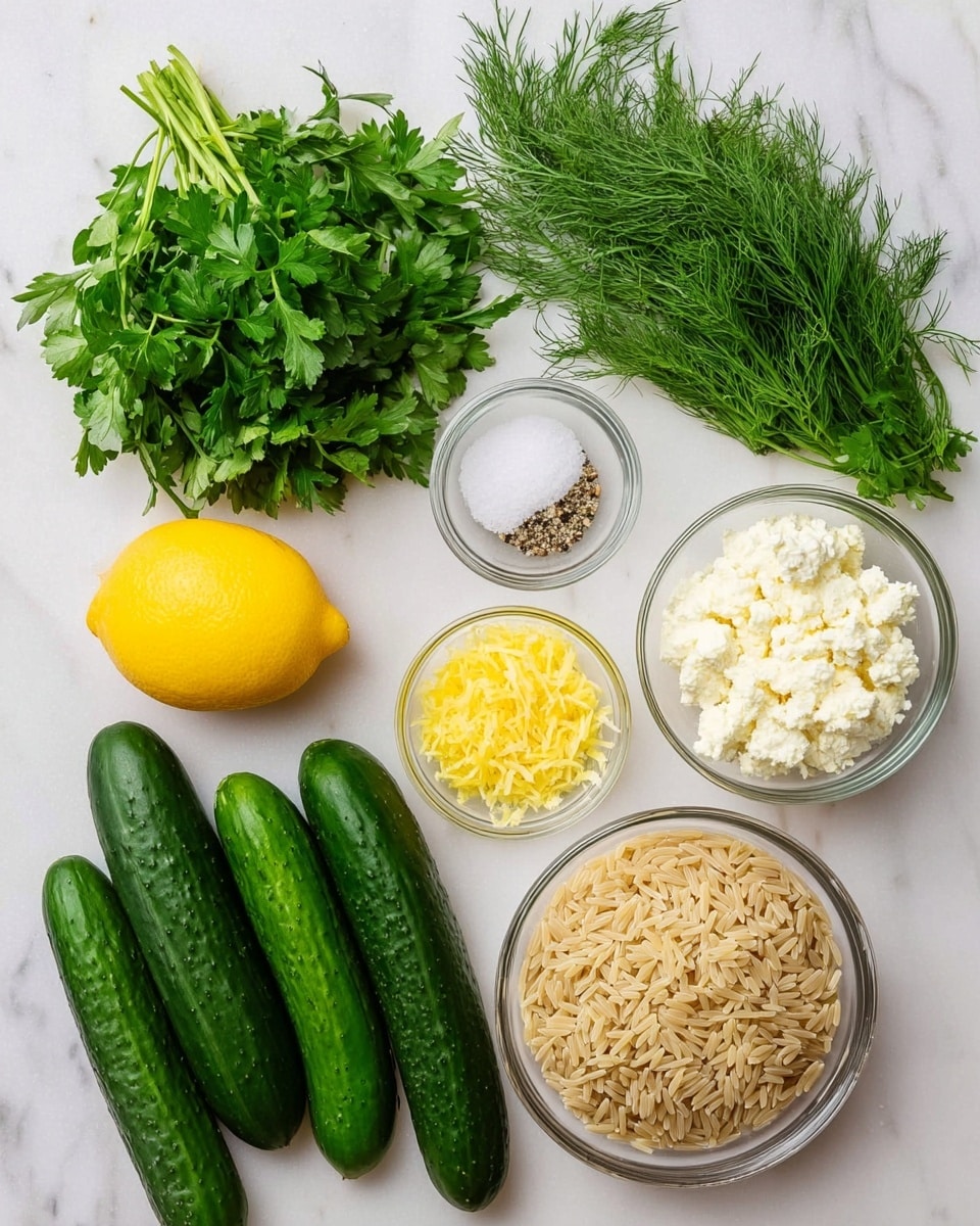 The image shows a clean arrangement of fresh ingredients on a white marbled surface. From left to right, there is a bunch of green parsley with visible stems, next to it a bunch of green dill with delicate feathery leaves. Above the parsley and dill, there is a small clear bowl with white salt and dark ground pepper side by side. Below that bowl, a bright yellow lemon sits whole with smooth skin. To the right, a small clear bowl has bright yellow lemon zest finely grated. Next to it, a medium clear bowl is filled with soft white crumbled cheese. Above these bowls, there are six fresh cucumbers, dark green with smooth skin, lying in two rows of three. On the far right, a large clear bowl contains dry, small light beige orzo pasta grains. The photo is taken with an iphone --ar 4:5 --v 7