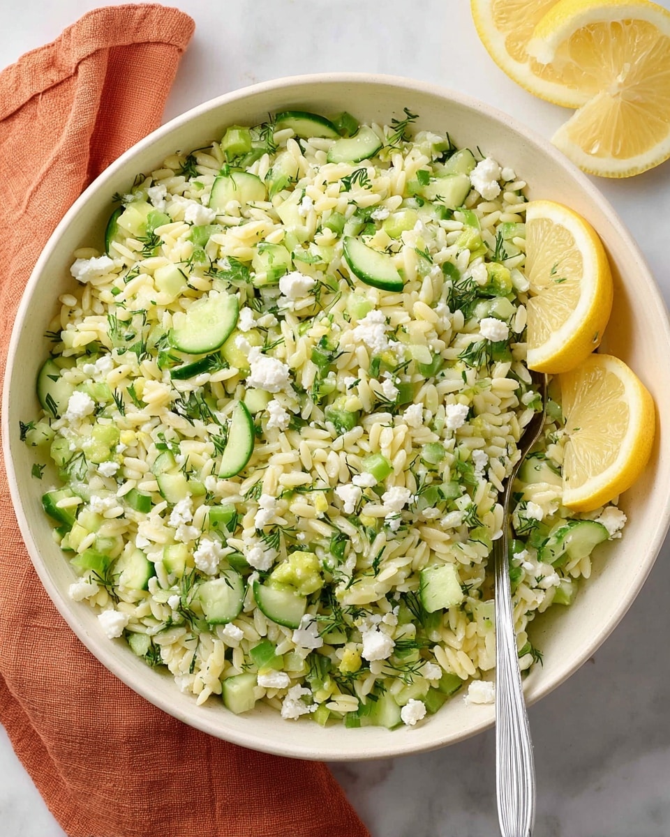 A large white bowl is filled with a layered salad made of small rice-shaped pasta, chopped bright green cucumbers, and fresh green herbs, all mixed evenly. On top of the salad, there are small white crumbles of cheese scattered around, adding texture and color contrast. Three bright yellow lemon slices are placed on one side of the bowl for garnish. A silver fork rests on the right side inside the bowl, partially placed in the salad. The bowl sits on a white marbled surface with a soft orange cloth partially visible under the bowl on the left side. Photo taken with an iphone --ar 4:5 --v 7