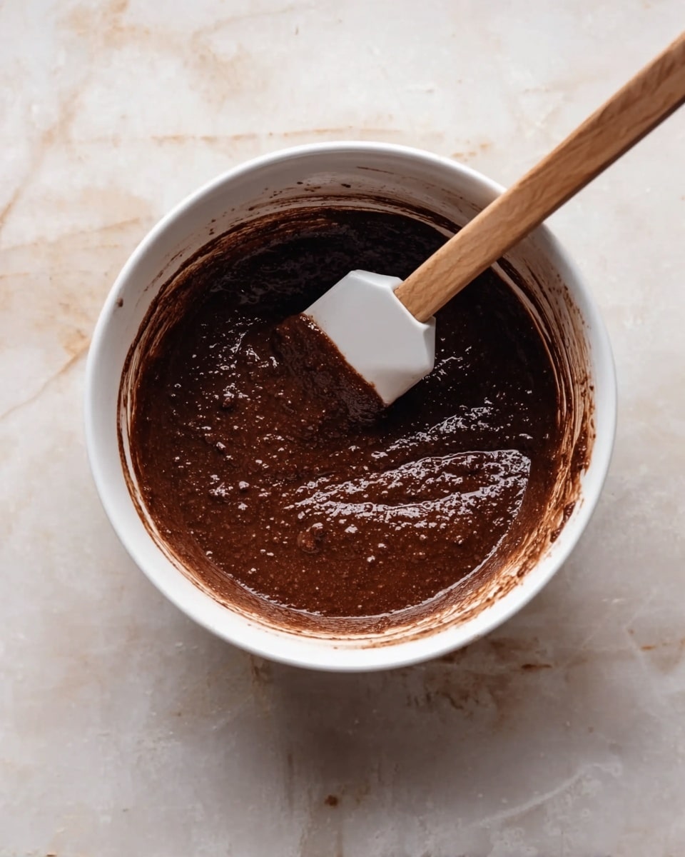 A white bowl filled with thick, dark brown chocolate batter with a slightly shiny and textured surface, showing small lumps. A spatula with a white silicone tip and a wooden handle is partially dipped into the batter, resting near the edge of the bowl. The bowl is placed on a white marbled surface, and there are some smudges of batter around the bowl. photo taken with an iphone --ar 4:5 --v 7