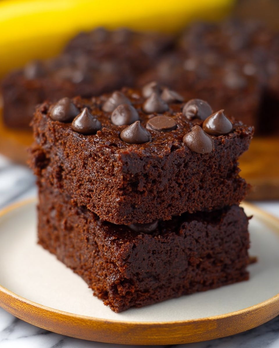 The image shows a stack of two thick, square chocolate brownies with a rich, dark brown color and a moist, crumbly texture. The top layer is covered evenly with many shiny, round chocolate chips that glisten under the light. The stack is placed on a smooth round white plate with a subtle wood grain texture, surrounded by more brownies of the same type, slightly blurred in the background. The surface under the plate is a white marbled texture, and a blurred yellow banana is visible in the upper background. photo taken with an iphone --ar 4:5 --v 7