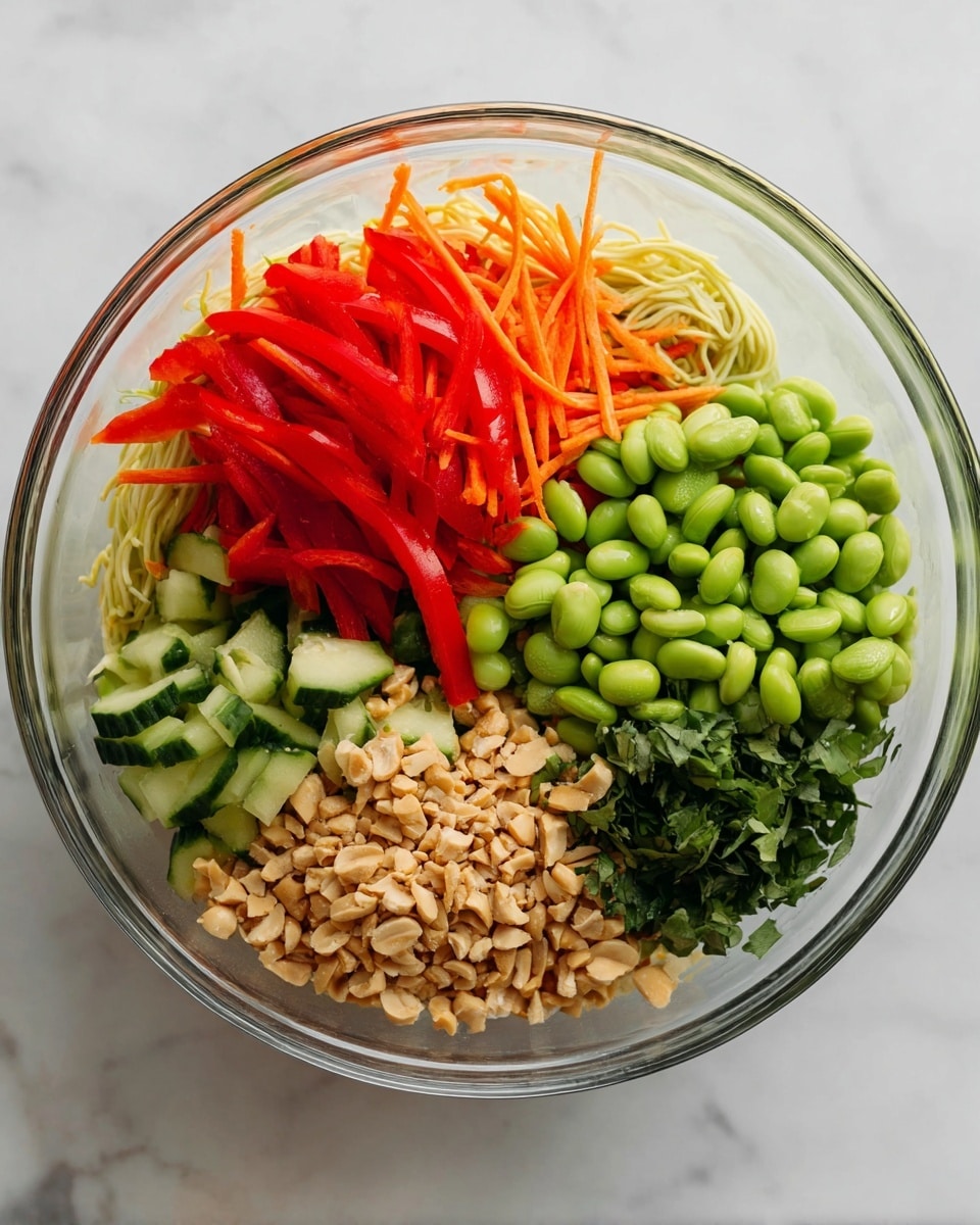A clear glass bowl holds a colorful layered salad on a white marbled surface. The bottom layer is light yellow noodles, seen peeking through the greens and vegetables. On top, bright red thinly sliced bell peppers are placed on the left side. Next to them are crunchy shredded orange carrots. In the middle, there is a generous pile of shiny green edamame beans. To the right, thick cucumber slices with dark green skin are arranged. Near the bottom, a pile of crushed light brown peanuts is visible, and fresh deep green herbs are scattered on the right side. The colors and textures are vibrant and fresh, creating an inviting mix. Photo taken with an iphone --ar 4:5 --v 7