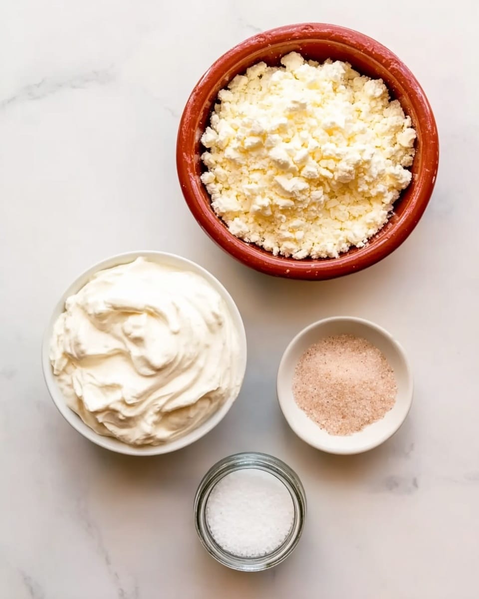 The image shows four containers on a white marbled surface. At the top center, there is a round, red ceramic bowl filled with pale yellow crumbled cheese, with small chunks and powdery texture. Below it to the left, there is a white bowl filled with thick, smooth white cream, with soft folds on the surface. To the right of the cream bowl, there is a small white bowl containing light brown fine salt with a smooth top layer. At the bottom center, there is a tiny clear glass jar with white, fine granulated salt inside. photo taken with an iphone --ar 4:5 --v 7