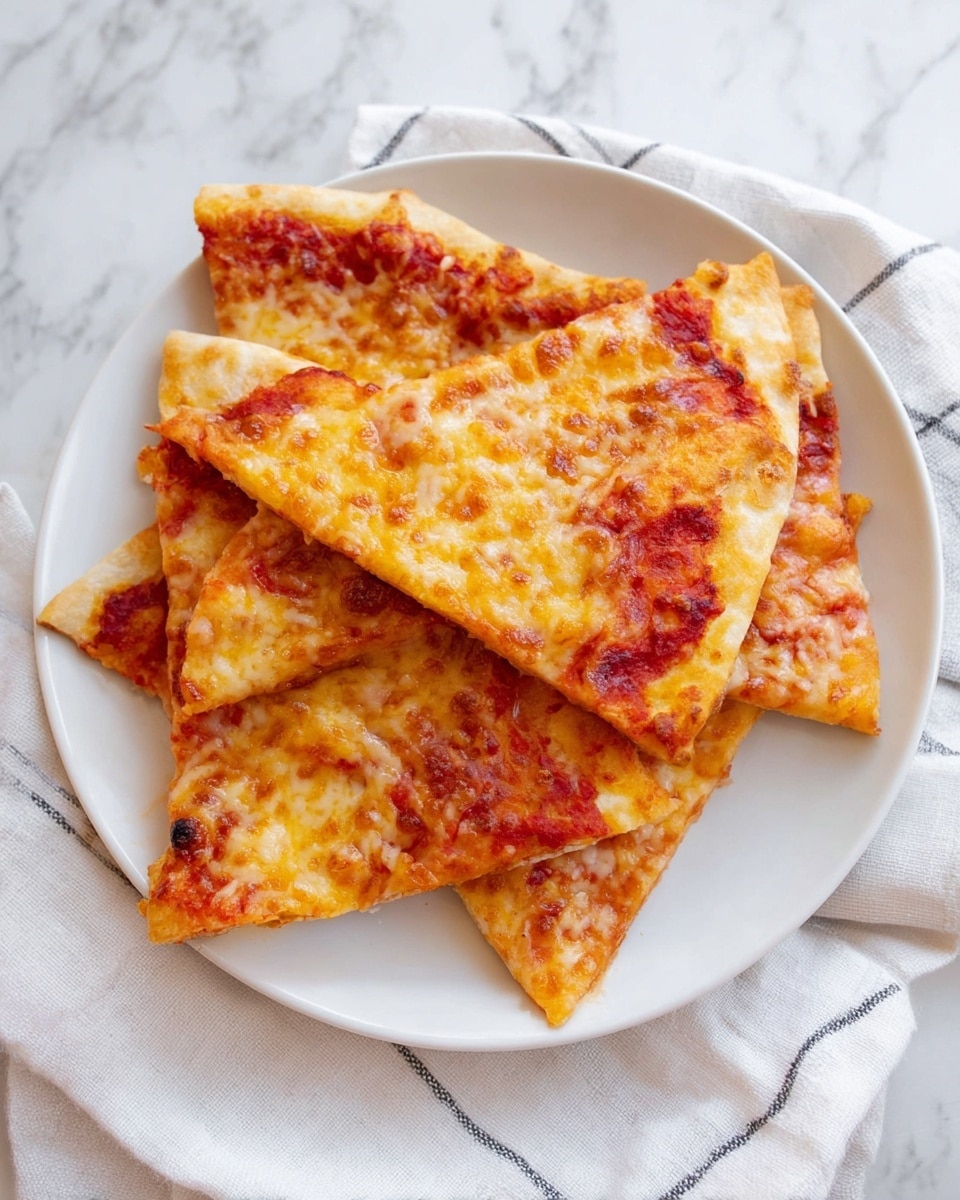 A white plate with a thin stack of cheese pizza slices arranged in a slightly overlapping pile. Each slice shows three clear layers: a light golden crust that is soft with some bubbles, a layer of unevenly spread red tomato sauce with a slightly chunky texture, and a layer of melted yellow-orange cheese mixed with white cheese that covers most of the slice but leaves some parts of the sauce visible. The plate sits on a white marbled surface with a white cloth partially visible beneath it. Photo taken with an iphone --ar 4:5 --v 7