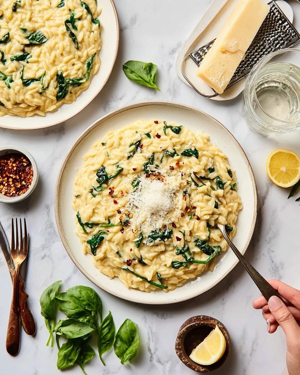 The image shows a plate of creamy orzo pasta with spinach scattered throughout, all coated in a smooth, light yellow sauce. The orzo forms the first thick layer on a white plate, with green spinach pieces mixed in, adding color contrast. A small mound of grated cheese is in the center, topped with cracked black pepper and red chili flakes that add texture and specks of red. Surrounding the plate are a small bowl of chili flakes, a grater with a wedge of cheese on a white plate, a glass of clear water, a small dish with lemon wedges, and fresh green basil leaves all on a white marbled surface. Two forks with brown handles are placed to the left of the main plate. A woman's hand holds a spoon digging into a second similar plate of orzo pasta positioned at the top left side of the image. photo taken with an iphone --ar 4:5 --v 7